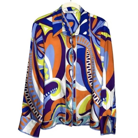 ZARA, Vibrant Long Sleeve, Multicolored Abstract Geometric Blouse, Size XSmall - Picture 5 of 11